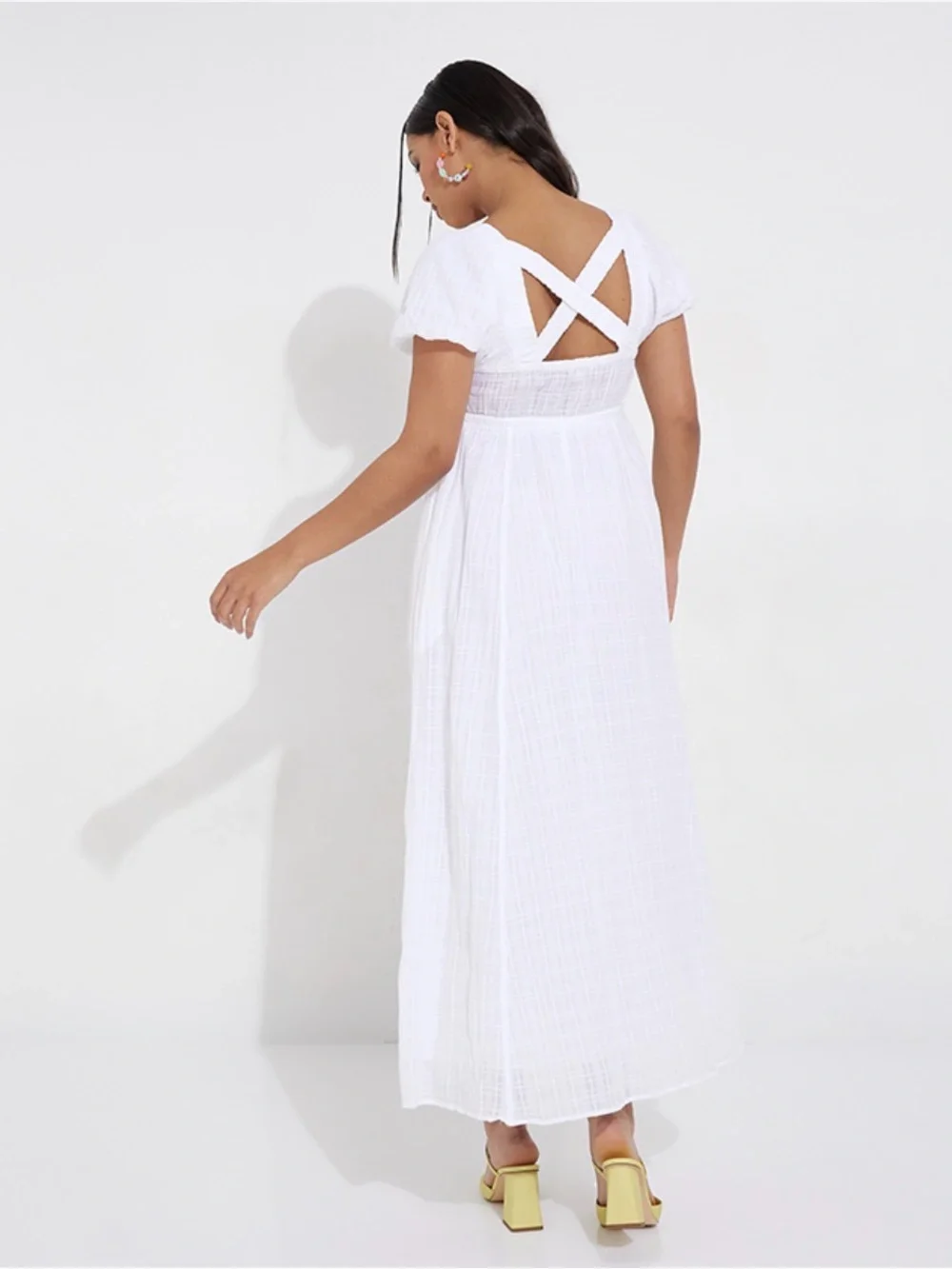 American Eagle Square Neck White Maxi Dress with Puff Sleeves
